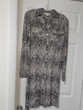 MICHAEL Michael Kors Black and White Snake-Print Long Sleeve Shirt Dress